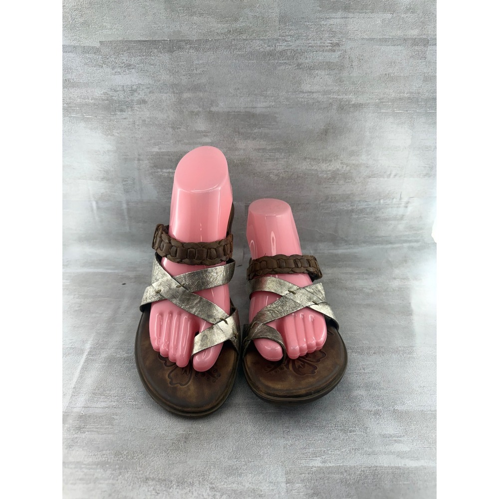 Born D28114 Women Sz 8 Brown Gold Metallic Braided Strappy Toe Loop Sandals